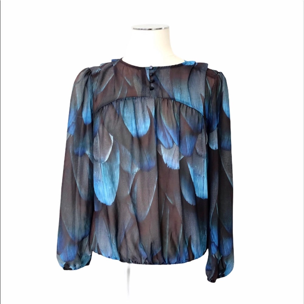 A.N.A  Petite Semi Sheer Peacock Print Blouse Long Sleeve Blue Brown Sz MP